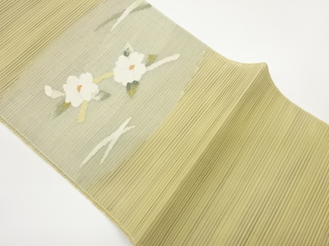 絽綴れ花に芝模様刺繍名古屋帯